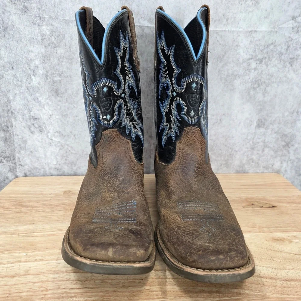 Ariat Cowboy Boots Boys 5 Tombstone Earth Black Blue Stitch Western Rodeo